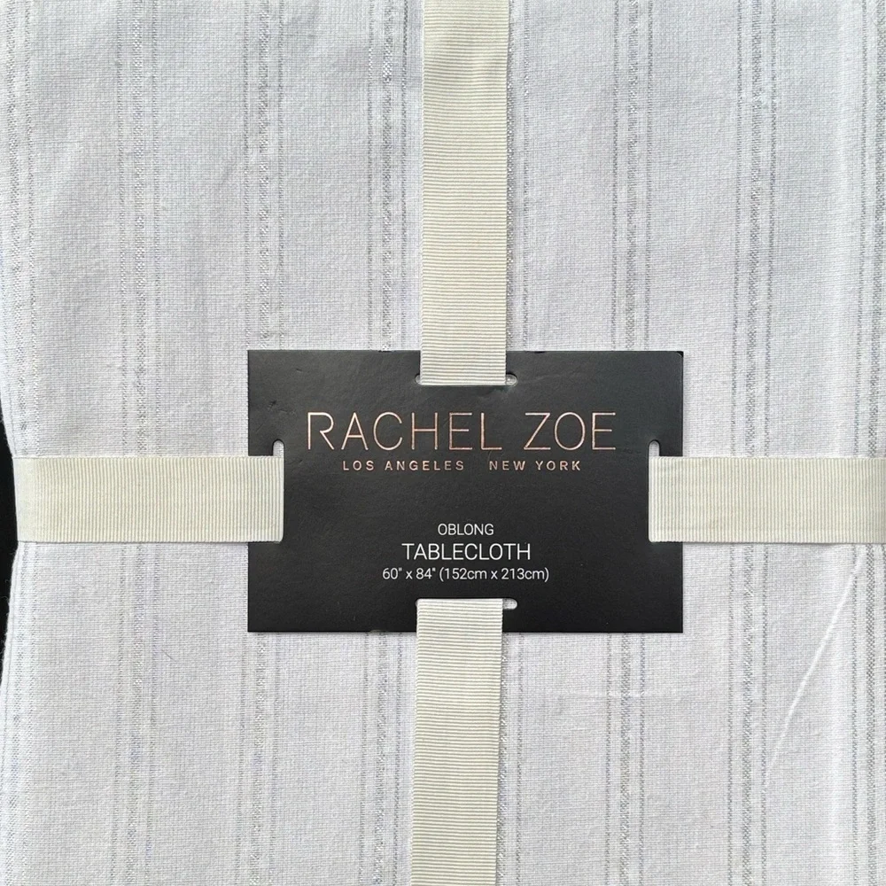 Brand New Rachel Zoe White & Silver Metallic Oblong Fabric Tablecloth 60